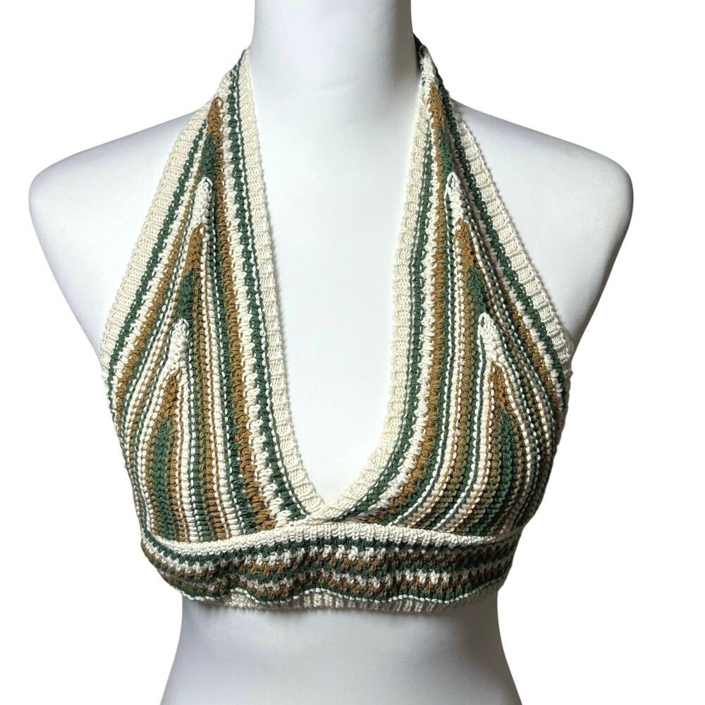 Italian Crochet Halter Bikini Top Women’s Small Green Brown Cream Boho Swim​